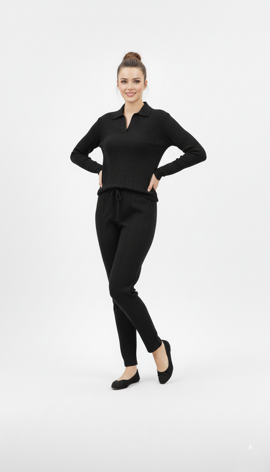 OYSHO WOMEN STRIPED TEXTURED COLLAR T SHIRT AND TROUSER SET