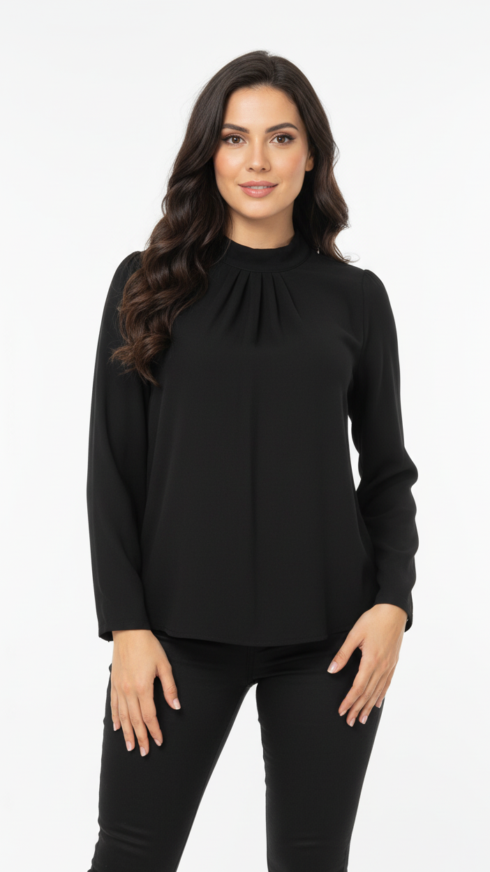 FASHION WOMEN BLACK PLEATED TOP