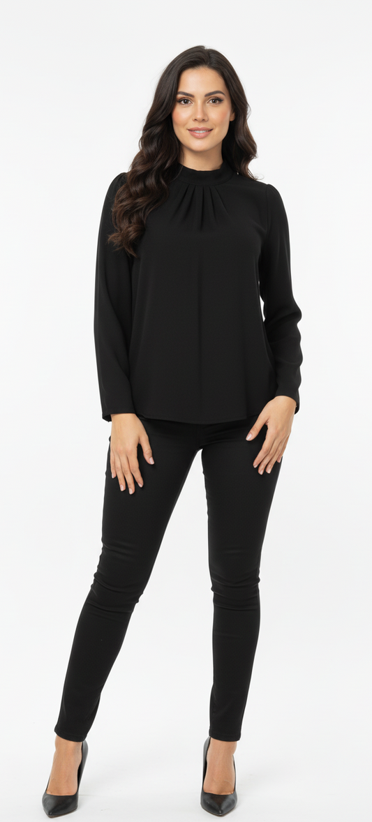 FASHION WOMEN BLACK PLEATED TOP