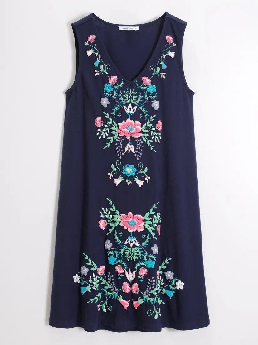 VENCA SLEEVELESS FLARED DRESS WITH EMBOSSED PRINT