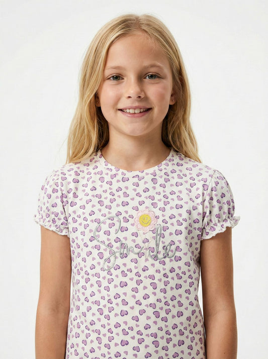 LC WAIKIKI Girls Hearts Printed Embroided Text Tee