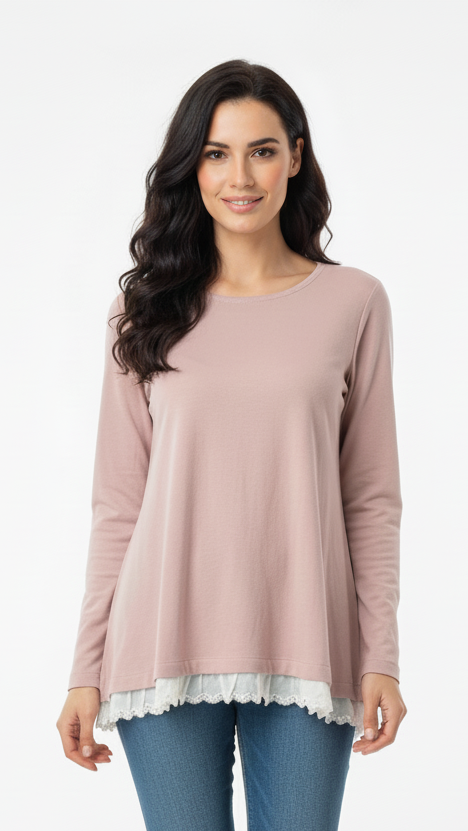 SPF WOMENS ROUND NECK LACE HEM FULL SLEEVED T SHIRT