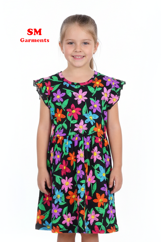 Girls Bright Floral Short Sleeve Dress