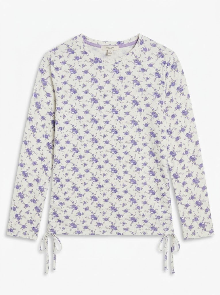 DUPARIEL Girls' Off-White Purple Floral Long-Sleeve Side-Tie T-Shirt| SM GARMENTS