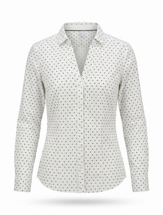 H&M Women's White Polka Dot Button-Down Shirt – Long Sleeve Fitted Office & Casual Cotton Blouse