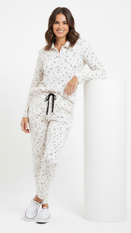 OYSHO WOMEN FLORAL EMBROIDED COLLAR T SHIRT AND TROUSER SET