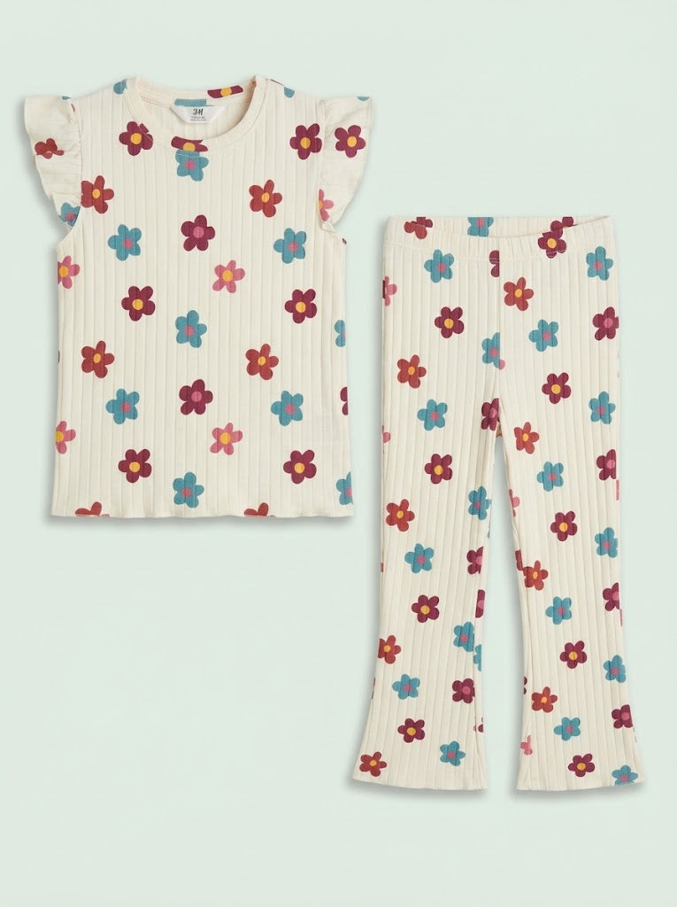 HM Girls' 2-Piece Retro Floral Flutter-Sleeve Top and Flare Pants Set| SM GARMENTS
