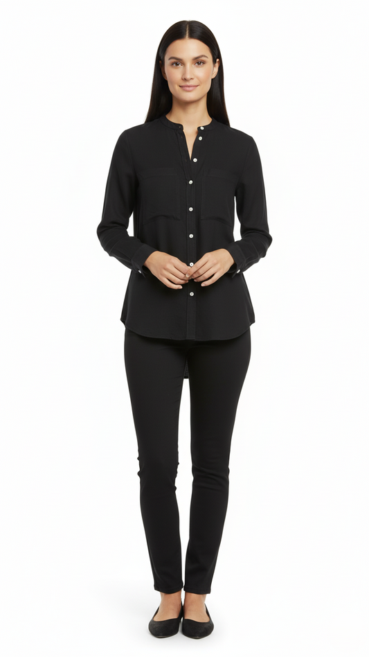 GINATRICOT WOMENS BLACK LINEN DOUBLE POCKET SHIRT