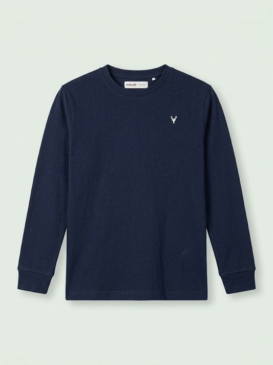 WINTER Boys' Casual Cotton-Blend Long-Sleeve T-Shirt with Chest Embroidery – Navy Blue