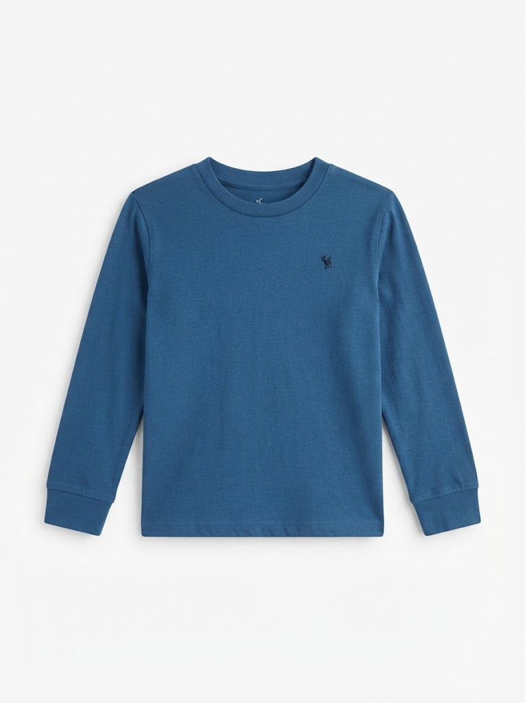 Boys' Long-Sleeve Casual Cotton T-Shirt with Embroidered Detail – Blue