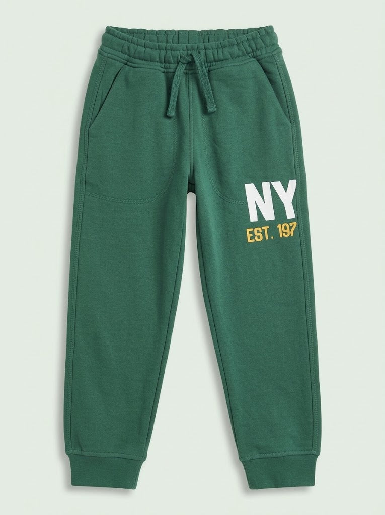 Boys Green Casual Jogger Pants with "NY" Graphic and Drawstring Waist
