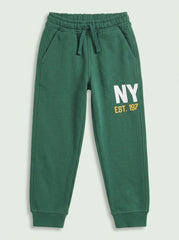 Boys Green Casual Jogger Pants with "NY" Graphic and Drawstring Waist
