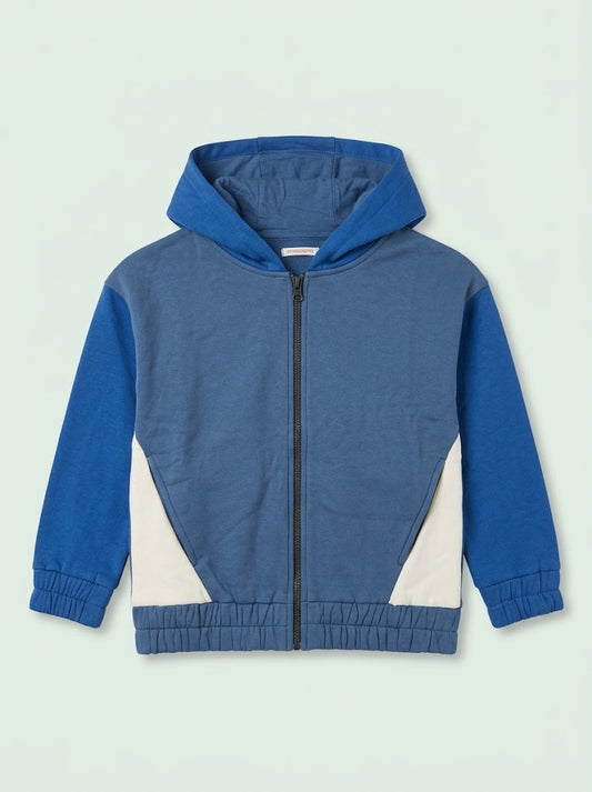 MONOPRIX Boys' Blue Colorblock Zip-Up Hoodie with Contrast Panels