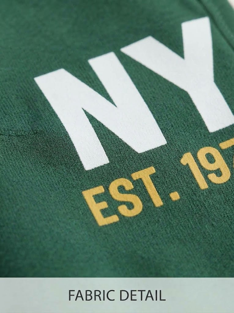 Boys Green Casual Jogger Pants with "NY" Graphic and Drawstring Waist