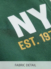 Boys Green Casual Jogger Pants with "NY" Graphic and Drawstring Waist