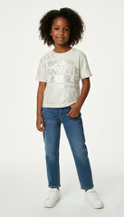 M&S Girls Foil Print Graphic White Crew Neck T Shirt