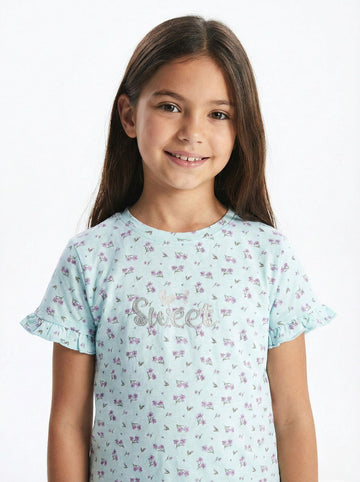 LC WAIKIKI Girls Floral Printed Embroided text Tee