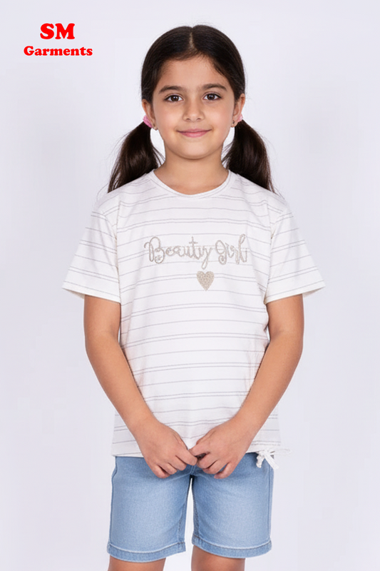 DU PAREIL GIRLS STRIPED EMBRIODED TEE