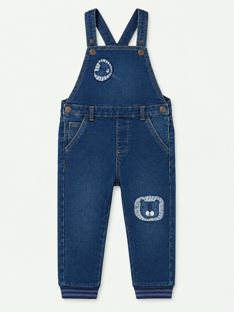Minoti Girls' Dark Wash Denim Lion Patch Embroidered Dungarees