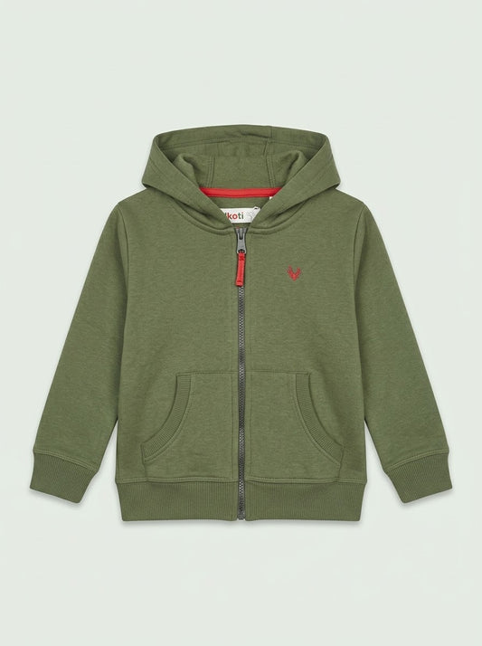 Boys BRANDED ' Olive Green Full-Zip Hoodie with Contrast Details