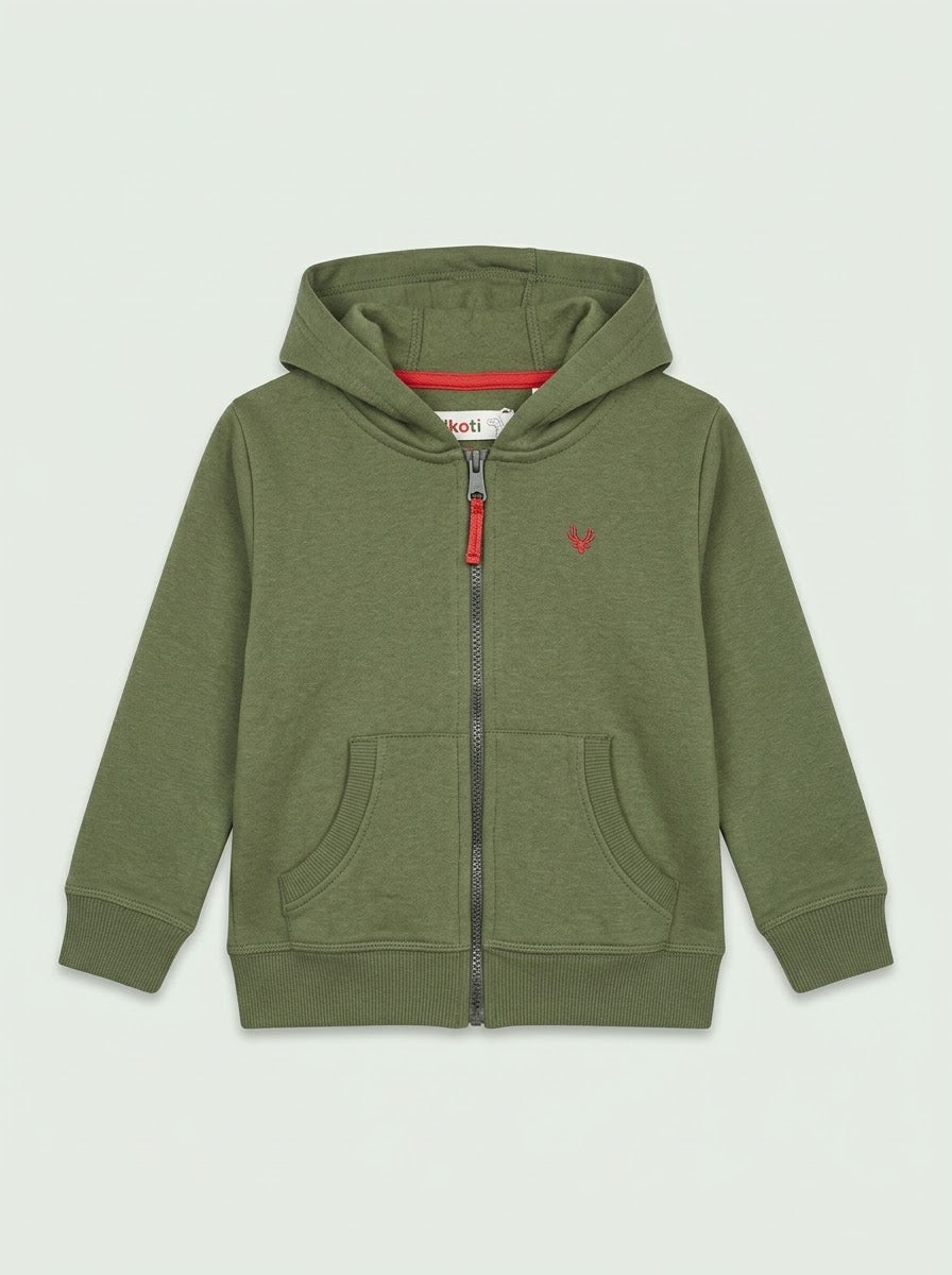 Boys BRANDED ' Olive Green Full-Zip Hoodie with Contrast Details