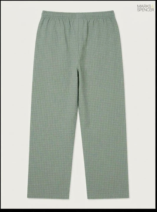 M&S Men's Sage Green Checkered Casual Trousers with Drawstring Waist