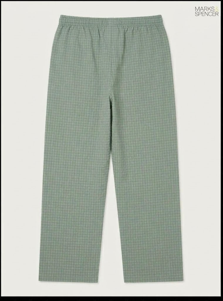 M&S Men's Sage Green Checkered Casual Trousers with Drawstring Waist
