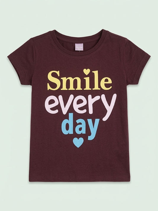 Girls' Casual Cotton "Smile Every Day" Graphic Short-Sleeve T-Shirt – Maroon