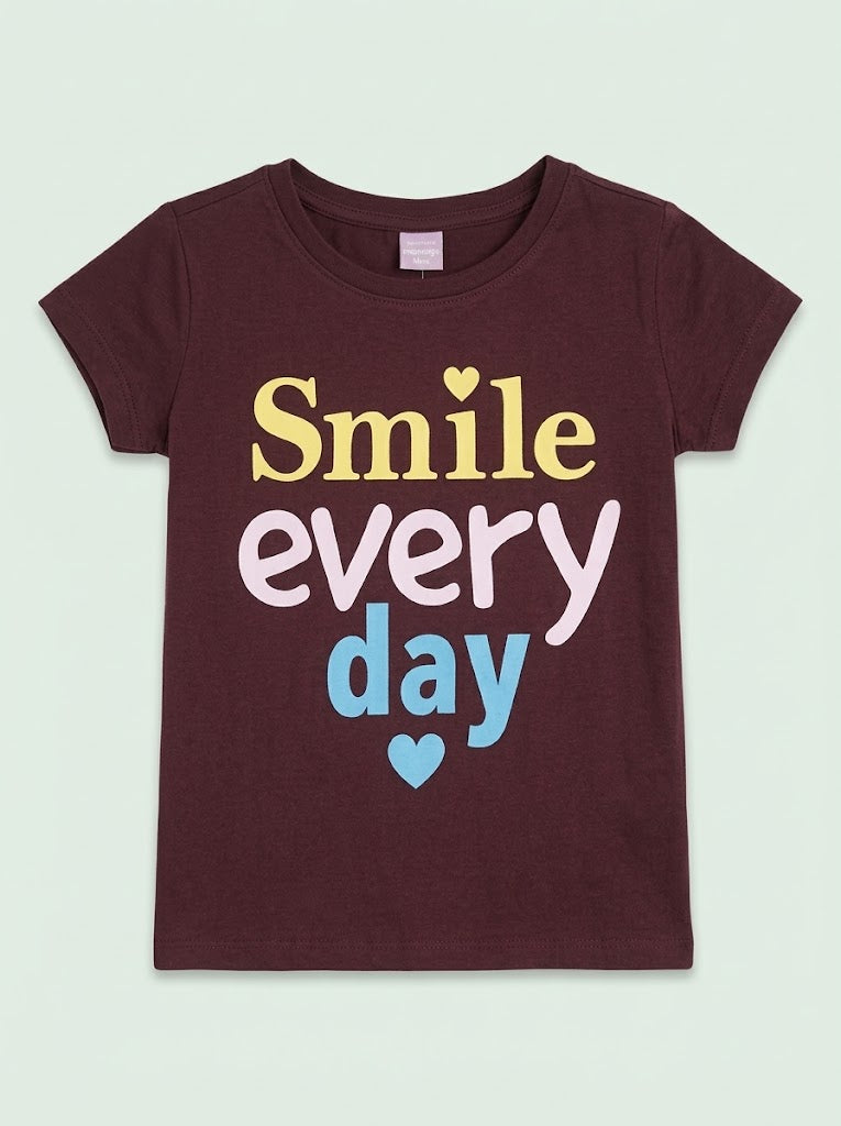 Girls' Casual Cotton "Smile Every Day" Graphic Short-Sleeve T-Shirt – Maroon