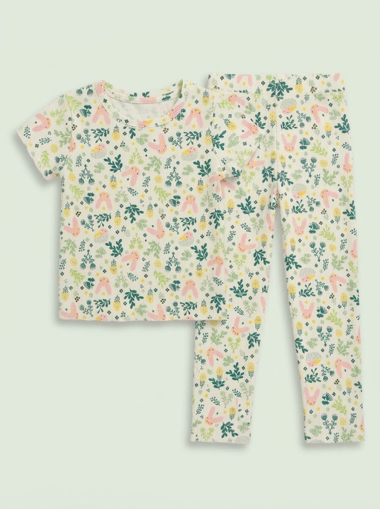 Girls' 2-Piece Bunny and Foliage Print Short-Sleeve Top and TROUSETSet