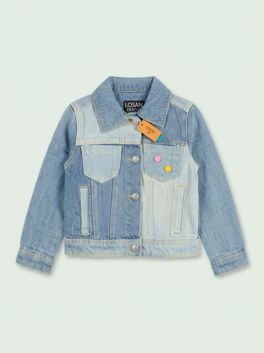 Girls BRANDED' Colorblock Patchwork Denim Jacket with Smiley Pins