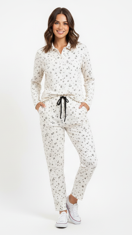 OYSHO WOMEN FLORAL EMBROIDED COLLAR T SHIRT AND TROUSER SET