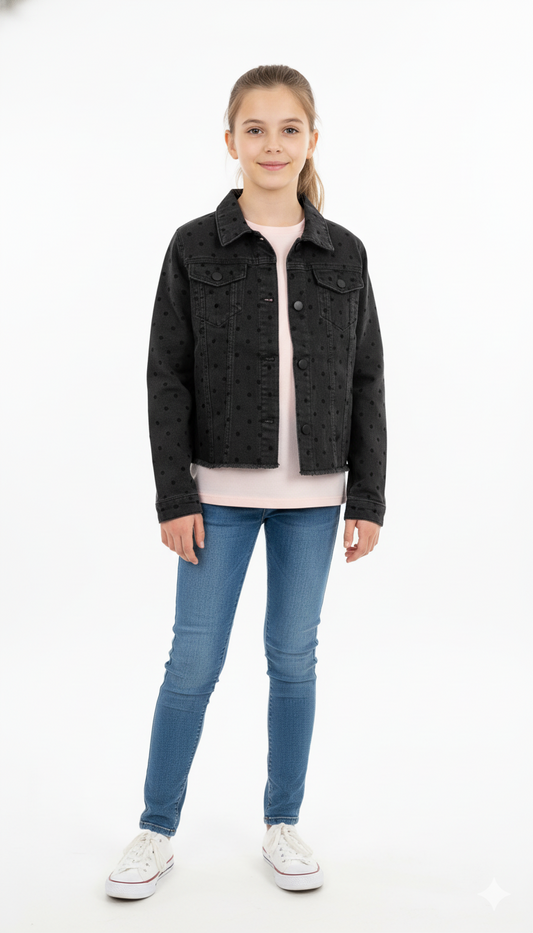 GIRLS MANNING DOTTY CROPPED DENIM JACKET