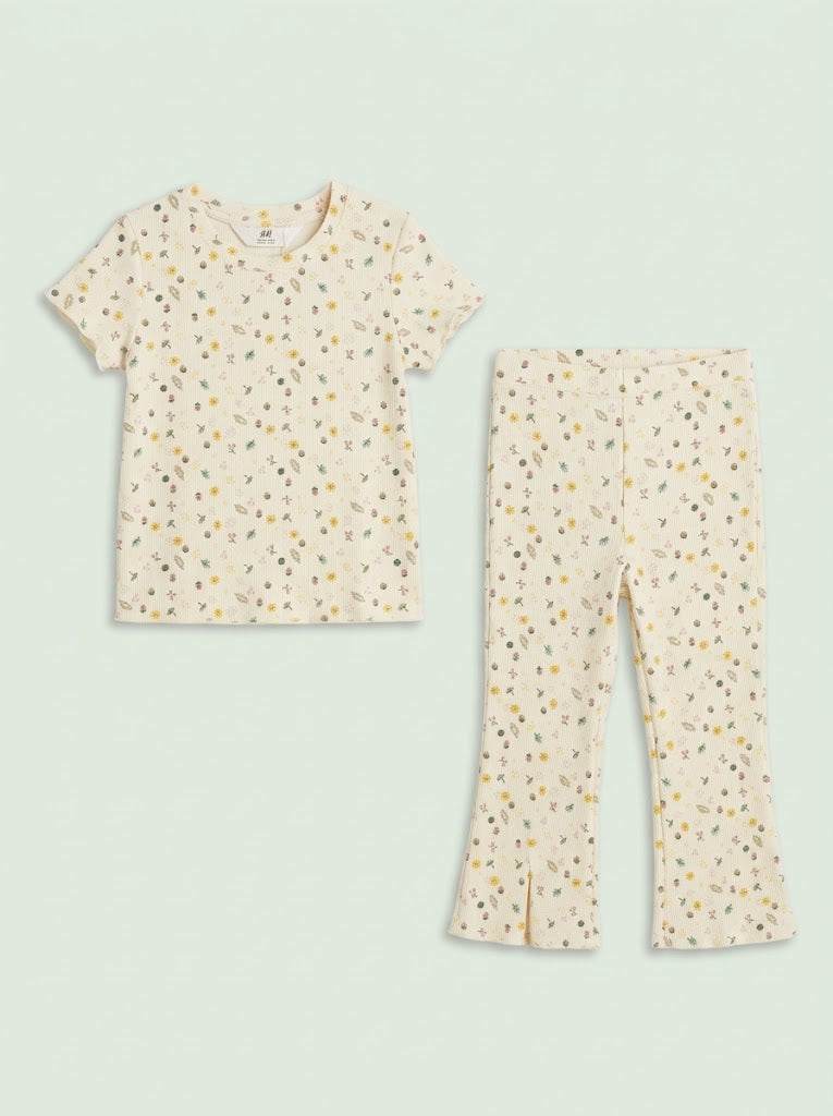 HM Girls' 2-Piece Cream Botanical Short-Sleeve Top and Flare Pants Set| SM GARMENTS