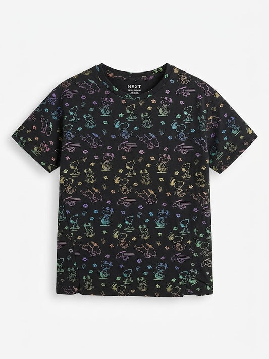 Nxt Girls Black Rainbow Metallic Snoopy All Over Print Short Sleeve T-Shirt