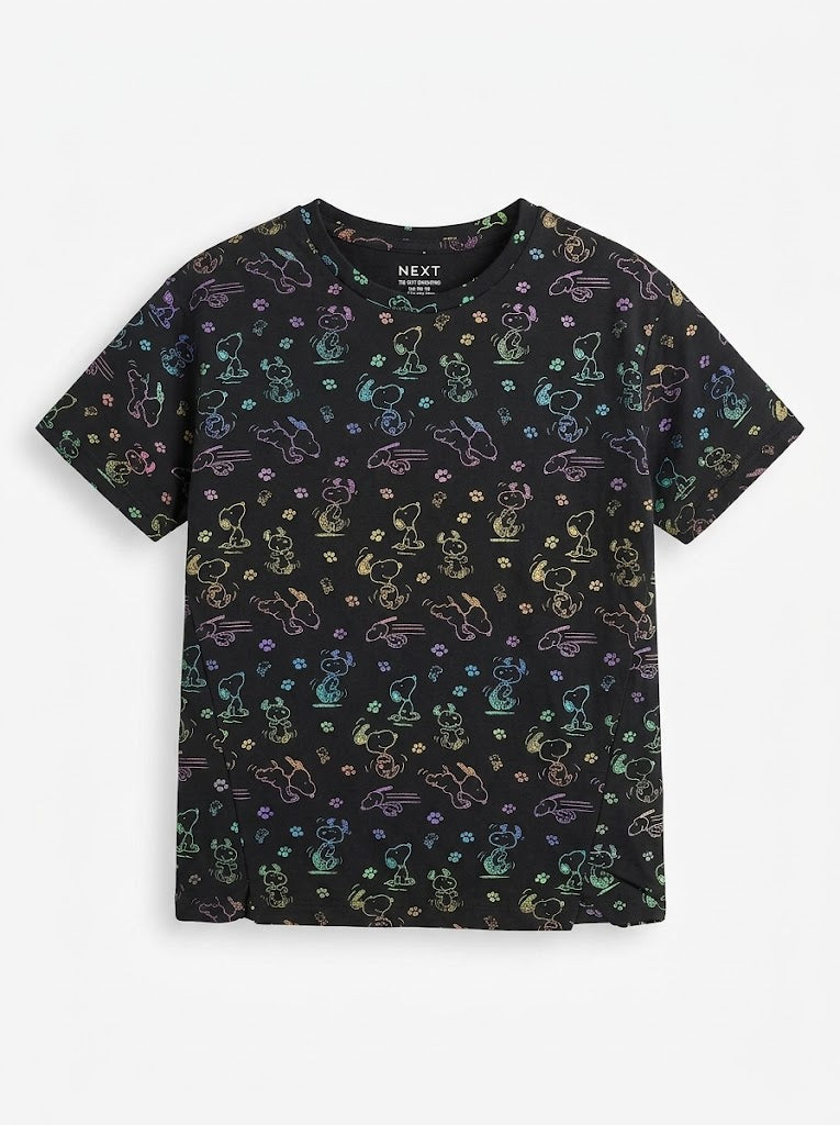 Girls' Black Rainbow Metallic Cartoon Dog Print Short-Sleeve T-Shirt