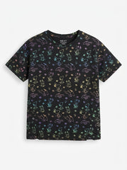 Girls' Black Rainbow Metallic Cartoon Dog Print Short-Sleeve T-Shirt