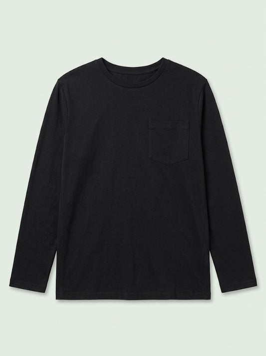 Boys' Casual Cotton-Blend Long-Sleeve T-Shirt with Chest Pocket – Black