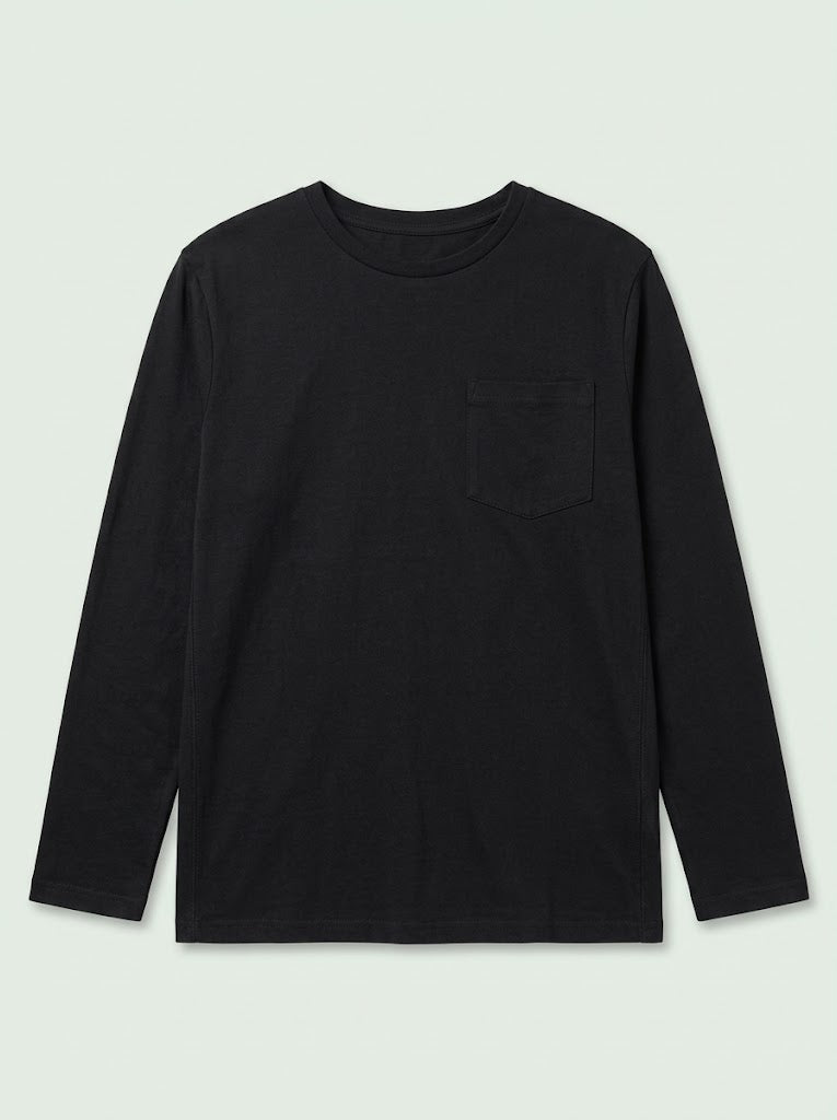 Boys' Casual Cotton-Blend Long-Sleeve T-Shirt with Chest Pocket – Black