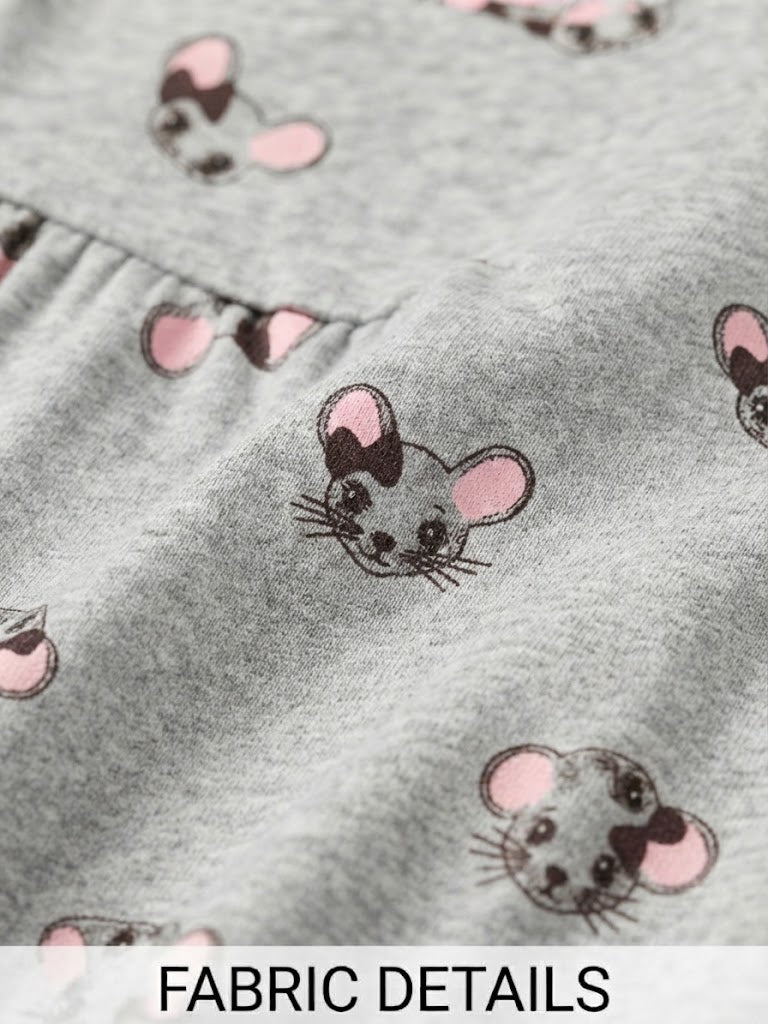 Girls Grey Heather Long Sleeve Casual Dress with All-Over Mouse Print