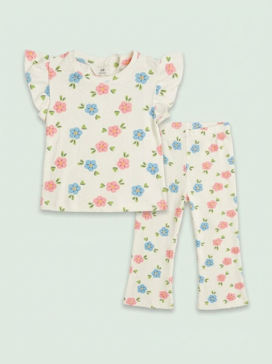 Girls' 2-Piece Pink and Blue Floral Flutter-Sleeve Top and Flare Pants Set| SM GARMENTS
