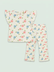 Girls' 2-Piece Pink and Blue Floral Flutter-Sleeve Top and Flare Pants Set| SM GARMENTS