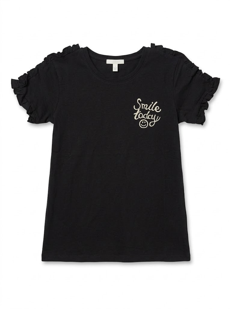 DPARIEL Girls' Black "Smile Today" Embroidered Short-Sleeve T-Shirt| SM GARMENTS