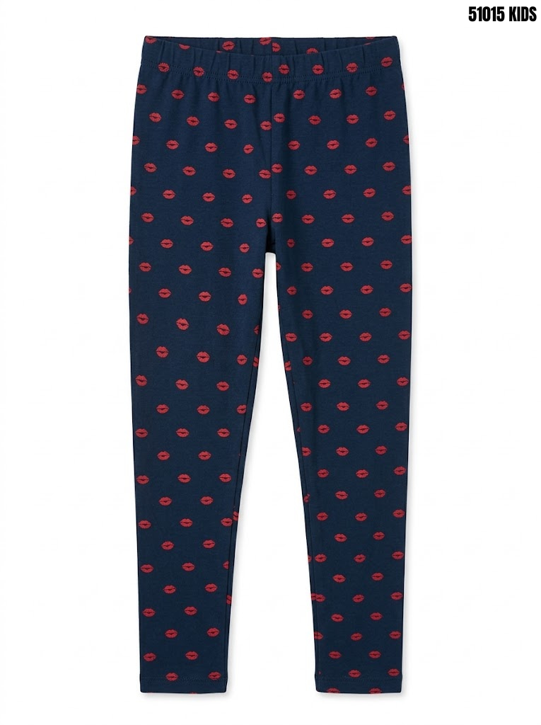 Girls Branded Navy Blue Red Lips Print Stretch Cotton Jersey Leggings| SM GARMENTS