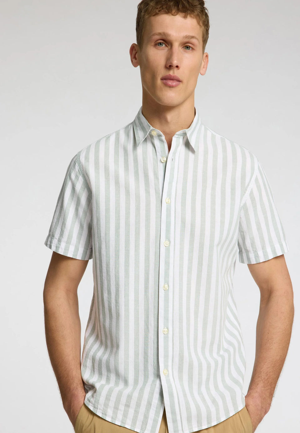 Selected Hommes Linen Men Shirt - Iceberg Green Stripesstripess