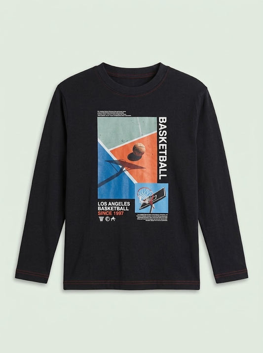 oys' Casual Cotton "Los Angeles Basketball" Graphic Long-Sleeve T-Shirt – Black