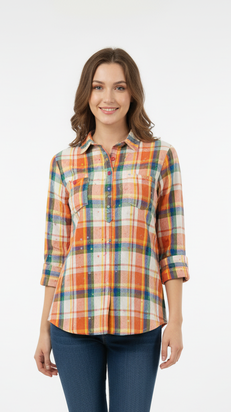 SWEET MUSTARD Women Checked Double Pocket Shirt
