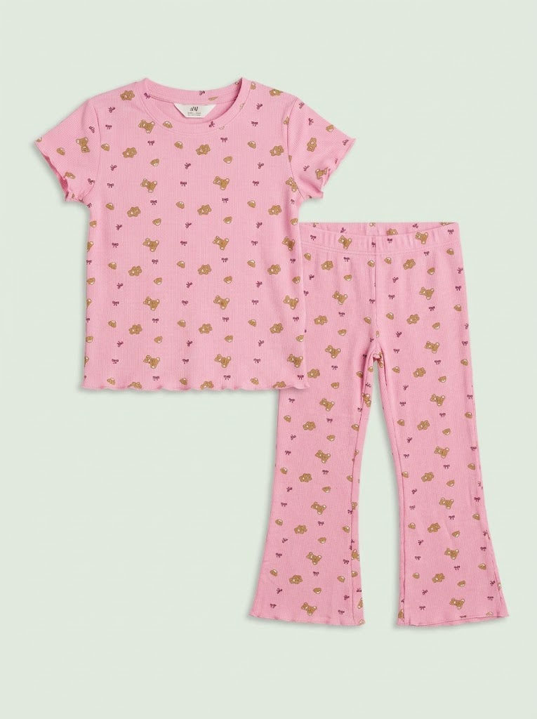 HM Girls' 2-Piece Pink Bear and Bow Short-Sleeve Top and Flare Pants Set| SM GARMENTS