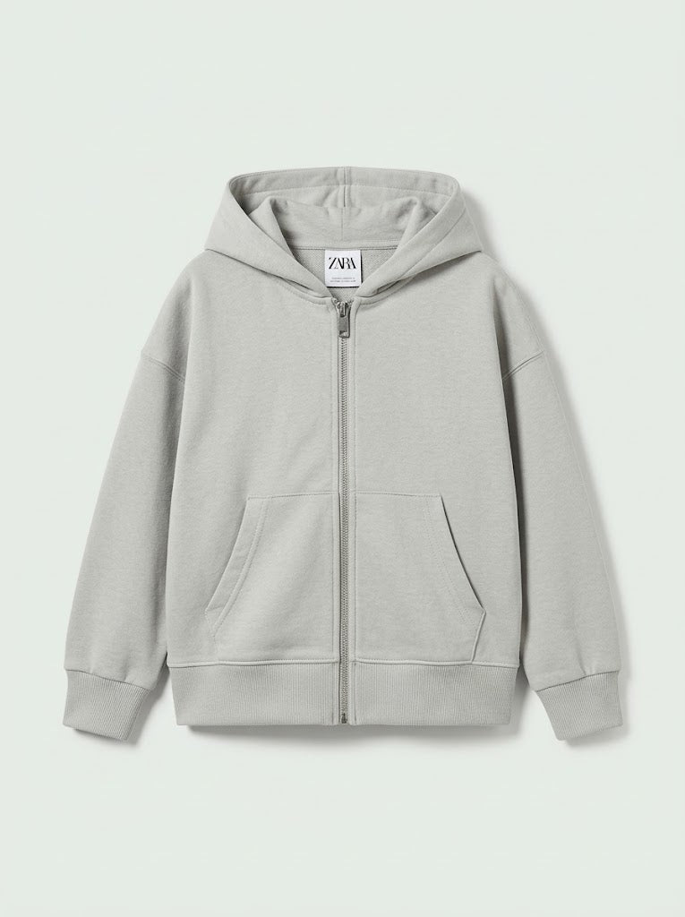 Kids BRANDED' Light Grey Zip-Up Hoodie with Front Pockets