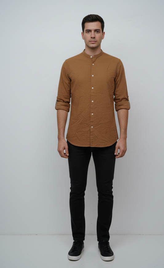 SFERA MEN MENS BAND COLLAR COTTON LINEN REGUALR FIT SHIRT